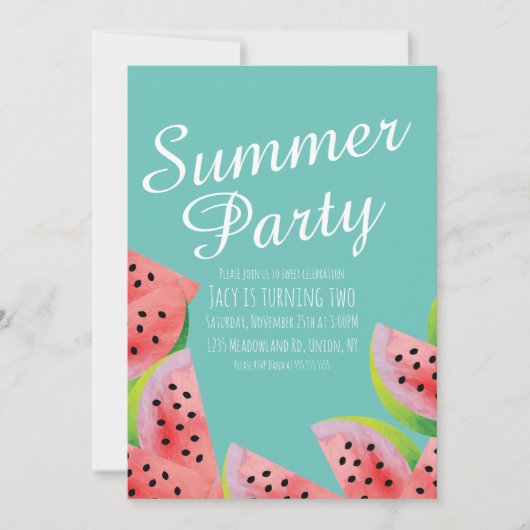 Invitation Aquarelle Moderne Pastèque Fête d'Été  (Devant)