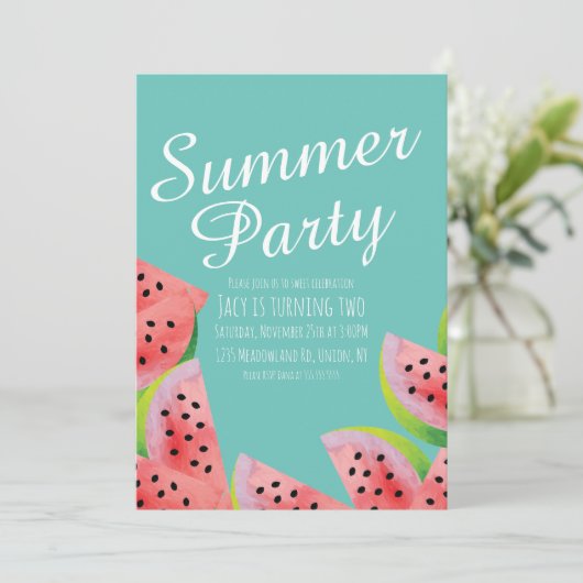 Invitation Aquarelle Moderne Pastèque Fête d'Été  (Debout devant)