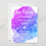 Invitation Aquarelle moderne Purple Blue Star BAT MITZVAH Inv<br><div class="desc">Belles cartes d'invitation des Bat mitzvah juifs religieux. Aquarelle claire violette, violet, bleu, turquoise avec étoile de David en blanc. Lettres de script modernes. "Est appelé à la TORAH comme un Bar Mitzvah". Idéal pour une fille de 12 ans. Facile à modifier - il suffit d'ajouter vos informations / texte....</div>