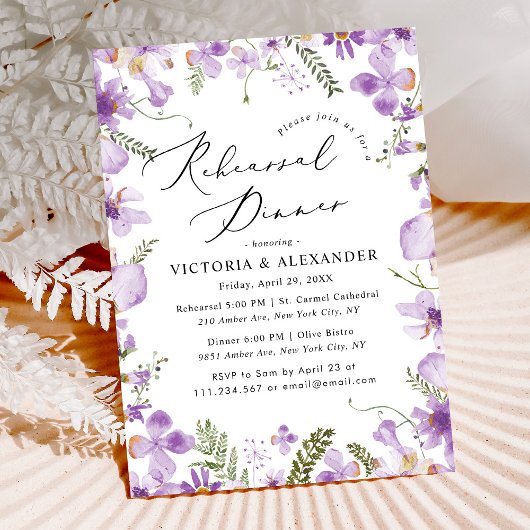 Invitation Aquarelle moderne Purple Mariage Dîner de répétiti