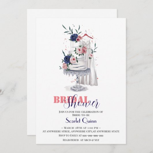 Invitation Aquarelle moderne robe blanche mariage avec gâteau (Devant / Derrière)
