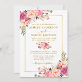 Invitation Aquarelle moderne rose Blush Floral Mariage or (Devant)