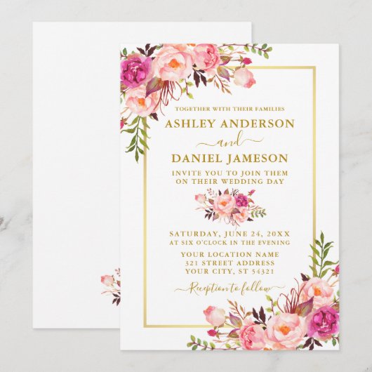 Invitation Aquarelle moderne rose Blush Floral Mariage or (Devant / Derrière)