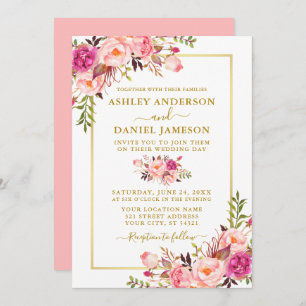 Invitation Aquarelle moderne Rose Blush Floral Mariage Or