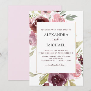 Invitation Aquarelle moderne rose Bourgogne Mariage Floral