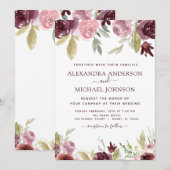 Invitation Aquarelle moderne rose Bourgogne Mariage Floral (Devant / Derrière)