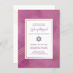 Invitation Aquarelle moderne rose et Bat mitzvah or