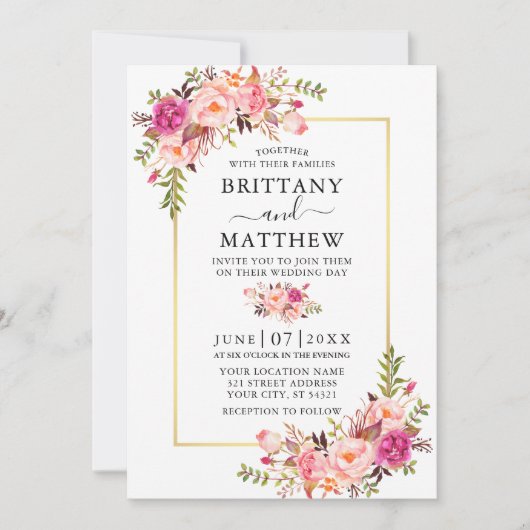 Invitation Aquarelle moderne rose Floral Mariage cadre or (Devant)