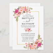 Invitation Aquarelle moderne rose Floral Mariage cadre or (Devant / Derrière)