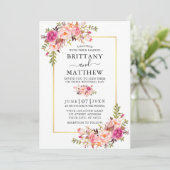 Invitation Aquarelle moderne rose Floral Photo Mariage or (Debout devant)