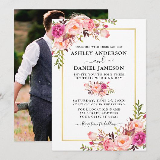 Invitation Aquarelle moderne rose Roses Floral Mariage photo (Devant / Derrière)