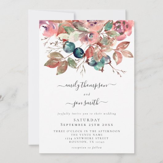 Invitation Aquarelle moderne rose Turquoise Flores Mariage (Devant)