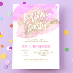 Invitation Aquarelle moderne rose violet or Anniversaire<br><div class="desc">Belles invitations d'anniversaire modernes pour la fête de la fille/femme. Fête d'anniversaire en grandes lettres blanches avec aquarelle rose violet couleurs design avec trait de brosse d'or faux. Le dos porte le nom de la fille. Impressionnez vos invités avec ces invitations !</div>