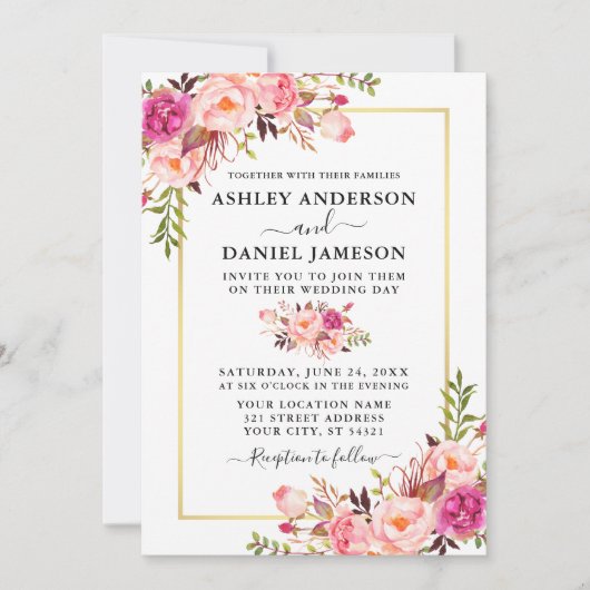 Invitation Aquarelle moderne Roses roses rose Mariage Floral (Devant)