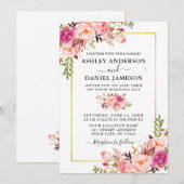 Invitation Aquarelle moderne Roses roses rose Mariage Floral (Devant / Derrière)