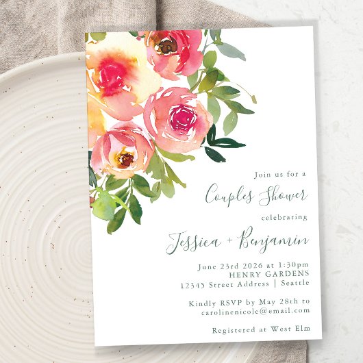 Invitation Aquarelle moderne Rouge rose Floral Couples Douche
