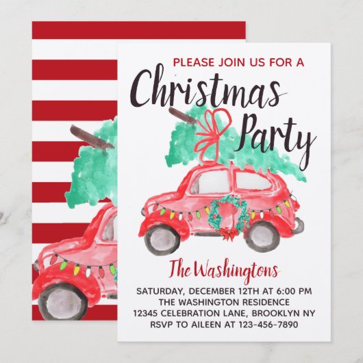 Invitation Aquarelle moderne Rouge Voiture Fête de Noël (Devant / Derrière)