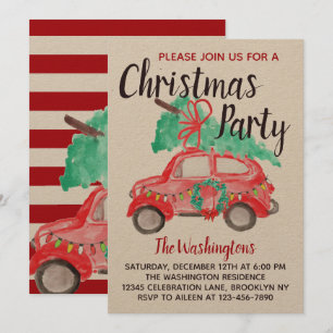 Invitation Aquarelle moderne Rouge Voiture Fête de Noël