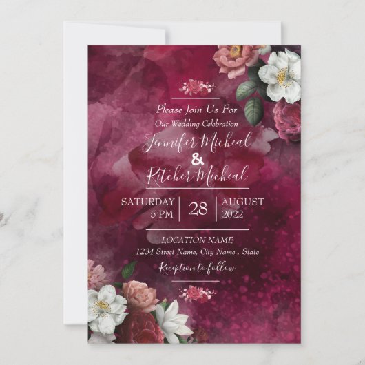 Invitation Aquarelle moderne Ruby rouge Burgundy thème floral (Devant)