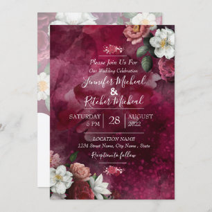 Invitation Aquarelle moderne Ruby rouge Burgundy thème floral