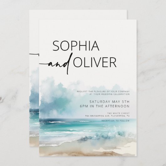 Invitation Aquarelle moderne simple Mariage côtier (Devant / Derrière)
