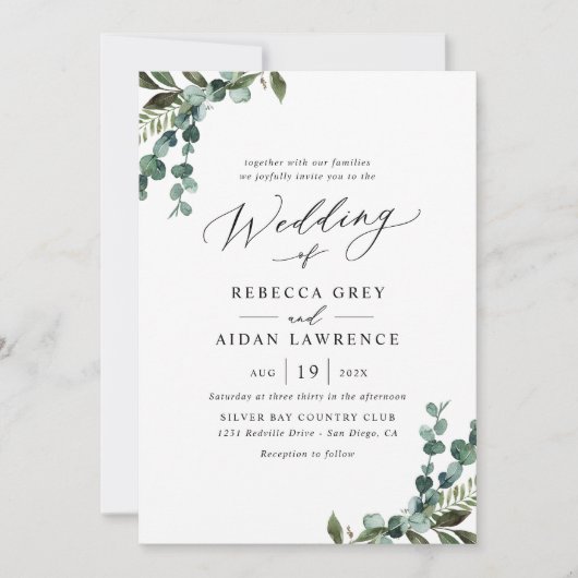 Invitation Aquarelle moderne simple Mariage vert (Devant)