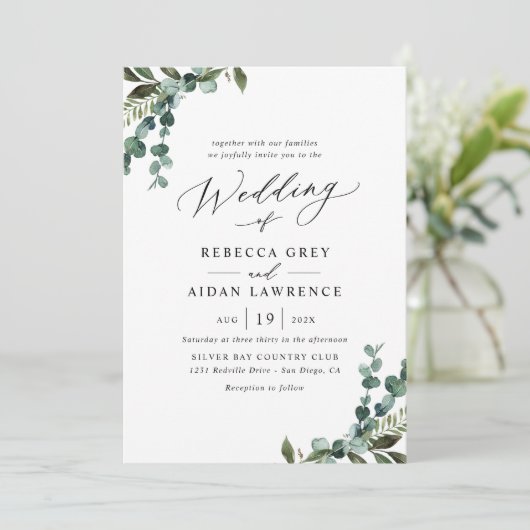 Invitation Aquarelle moderne simple Mariage vert (Debout devant)