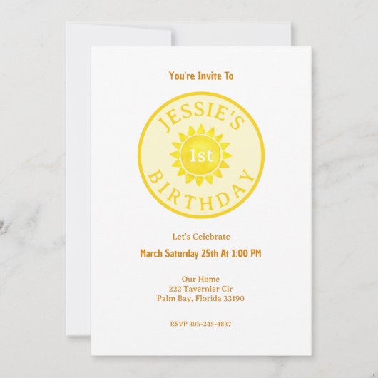 Invitation Aquarelle moderne soleil 1er anniversaire Invitati (Devant)