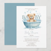 Invitation Aquarelle moderne Teddy Bear Baby shower bleu (Devant / Derrière)