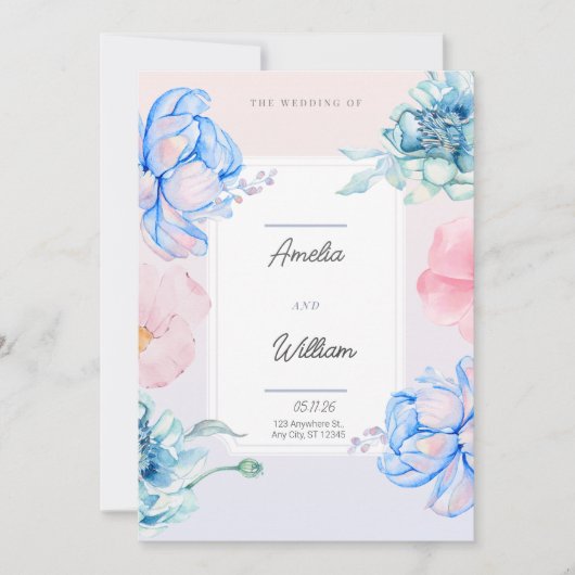 Invitation Aquarelle Moderne Tendance Florale Rose Vert Bleu (Devant)
