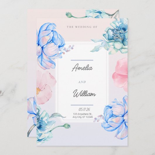 Invitation Aquarelle Moderne Tendance Florale Vert Bleu Rose (Devant / Derrière)