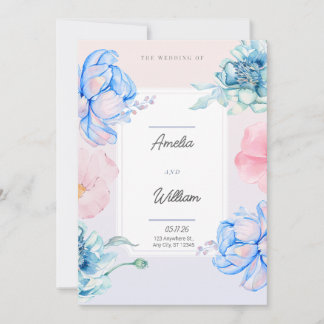 Invitation Aquarelle Moderne Tendance Florale Vert Bleu Rose