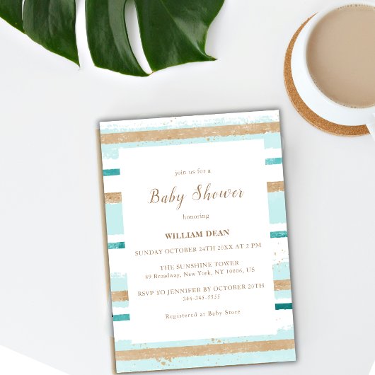 Invitation Aquarelle moderne Vert Baby shower de bande or