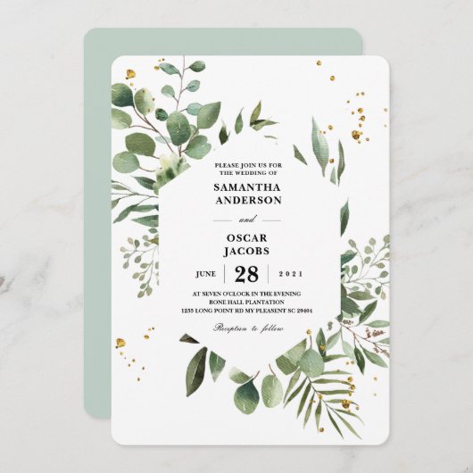 Invitation Aquarelle moderne Vert Eucalyptus Cadre vert (Devant / Derrière)