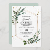 Invitation Aquarelle moderne Vert Eucalyptus Gold Frame (Devant / Derrière)