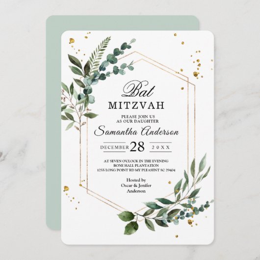 Invitation Aquarelle moderne Vert Eucalyptus Gold Frame (Devant / Derrière)