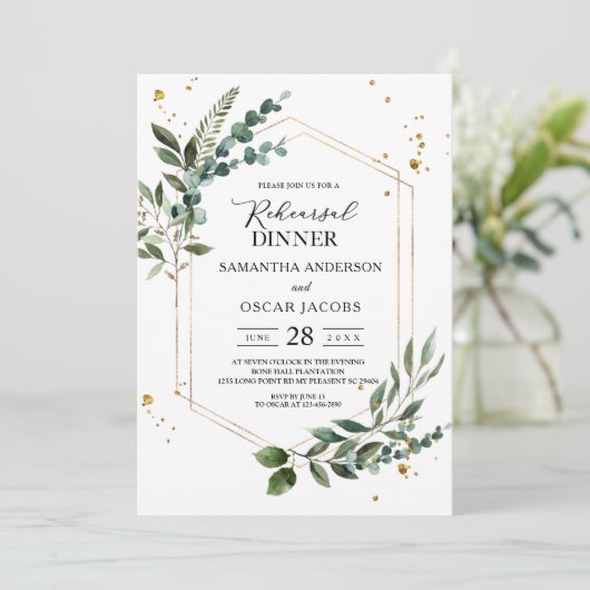 Invitation Aquarelle moderne Vert Eucalyptus Gold Frame (Debout devant)