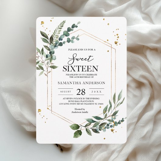 Invitation Aquarelle moderne Vert Eucalyptus Gold Frame
