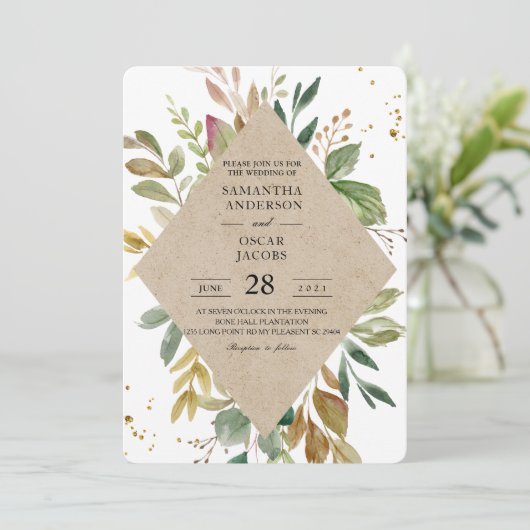Invitation Aquarelle moderne Vert Feuille Kraft Cadre & Or (Debout devant)