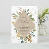 Invitation Aquarelle moderne Vert Feuille Kraft Cadre & Or (Debout devant)