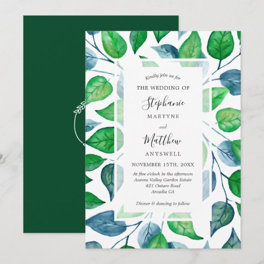 Invitation Aquarelle moderne Vert Feuille Mariage de feuillag (Devant / Derrière)