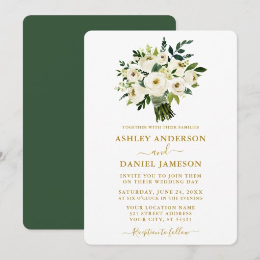 Invitation Aquarelle moderne Vert Floral Mariage Or (Devant / Derrière)