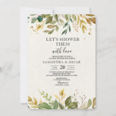 Invitation Aquarelle moderne verte Feuilles et gouttes d'or (Devant)