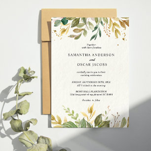 Invitation Aquarelle moderne verte Feuilles et gouttes d'or
