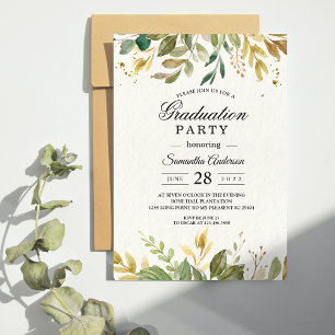 Invitation Aquarelle moderne verte Feuilles et gouttes d'or
