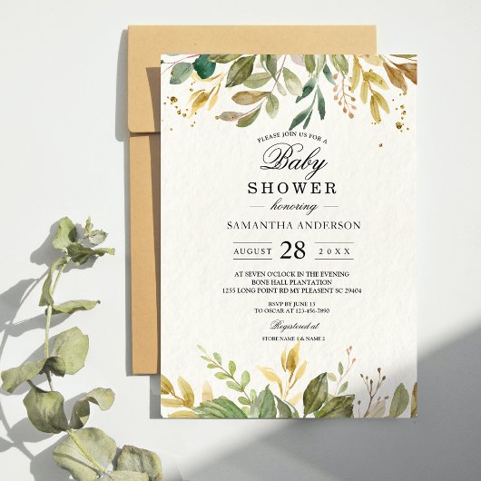 Invitation Aquarelle moderne verte Feuilles et gouttes d'or