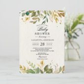 Invitation Aquarelle moderne verte Feuilles et gouttes d'or (Debout devant)