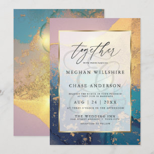 Invitation Aquarelle moderne Vibré Or Mauve Bleu