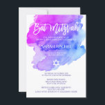 Invitation Aquarelle moderne violet bleu étoile BAT MITZVAH<br><div class="desc">Belles cartes d'invitation de Bat mitzvah juif religieux. Aquarelle claire pastel violet, violet, bleu, turquoise avec étoile de David en blanc. Lettres de script de trait de brosse modernes. 'Est appelé à la TORAH comme un Bar Mitzvah'. Parfait pour fille de 12 ans, fille. Facile à modifier - il suffit...</div>