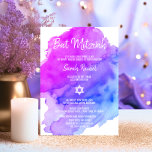 Invitation Aquarelle moderne violet bleu étoile BAT MITZVAH<br><div class="desc">Belles cartes d'invitation de Bat mitzvah juif religieux. Aquarelle claire pastel violet, violet, bleu, turquoise avec étoile de David en blanc. Lettres de script modernes. 'Est appelé à la TORAH comme un Bar Mitzvah'. Parfait pour fille de 12 ans, fille. Facile à modifier - il suffit d'ajouter vos informations /...</div>